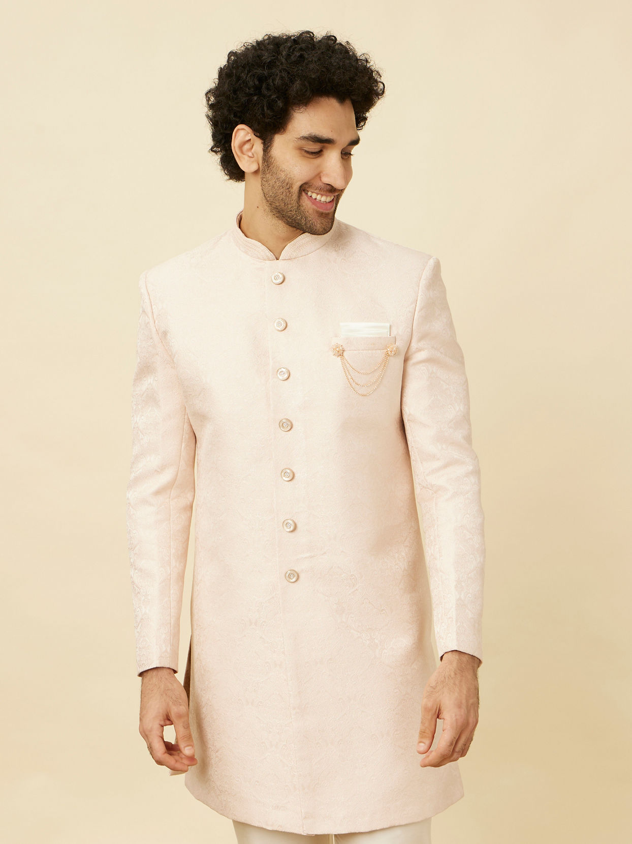 alt message - Manyavar Men Rosewater Pink Medallion Patterned Indo Western Set image number 0