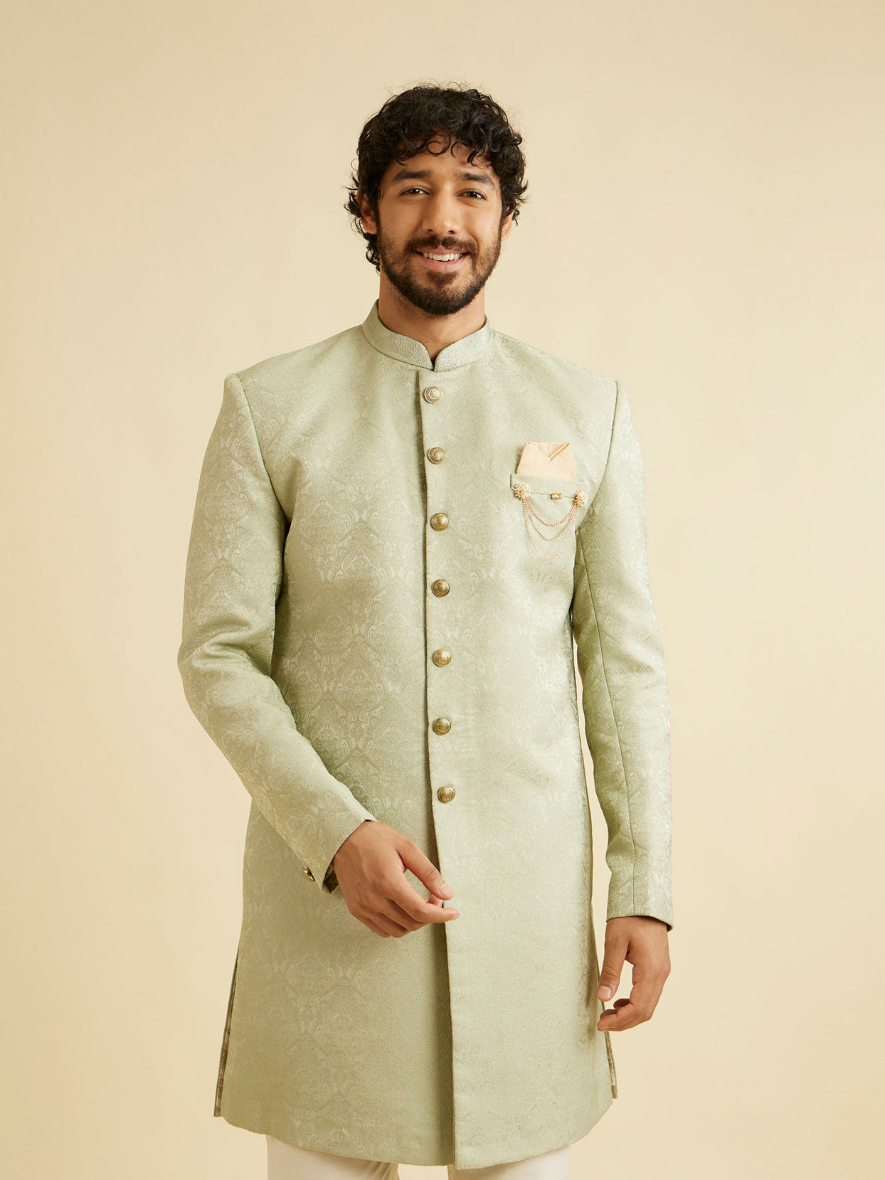 alt message - Manyavar Men Sage Green Achkan Indo Western image number 0