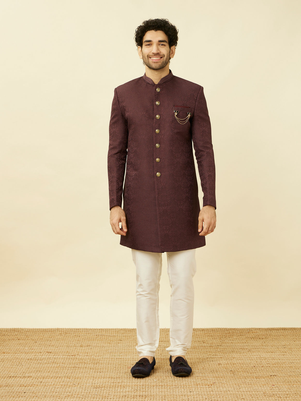 alt message - Manyavar Men Windsor Wine Medallion Patterned Indo Western Set image number 2