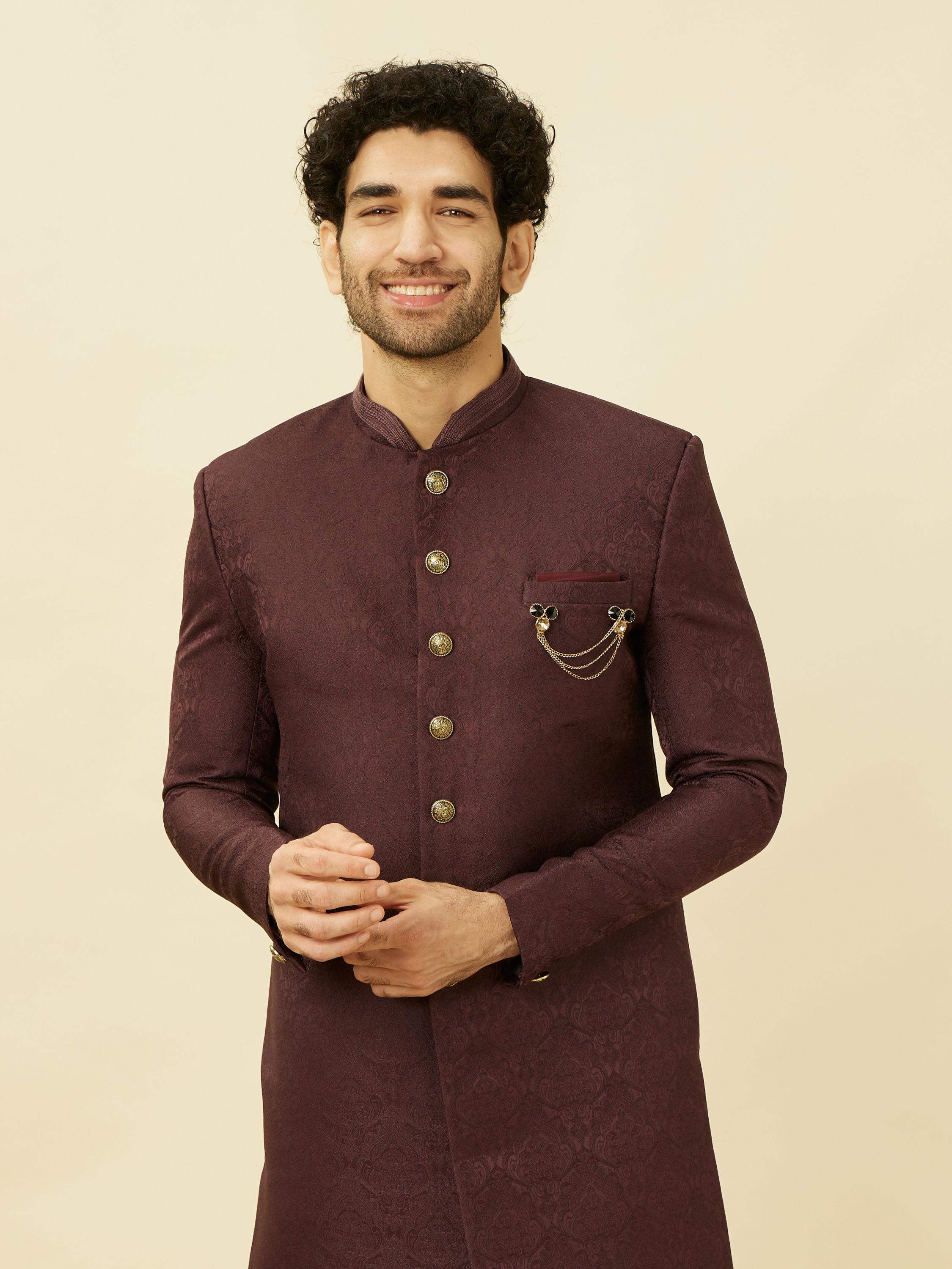 Manyavar Men Windsor Wine Medallion Patterned Indo Western Set