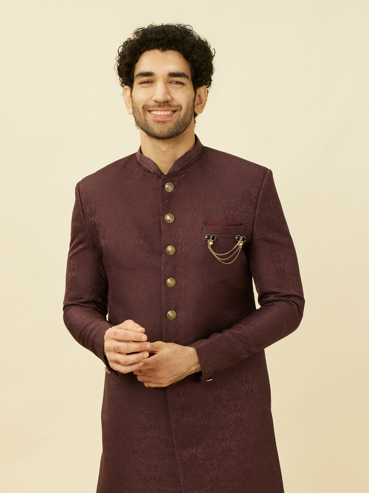 alt message - Manyavar Men Windsor Wine Medallion Patterned Indo Western Set image number 0