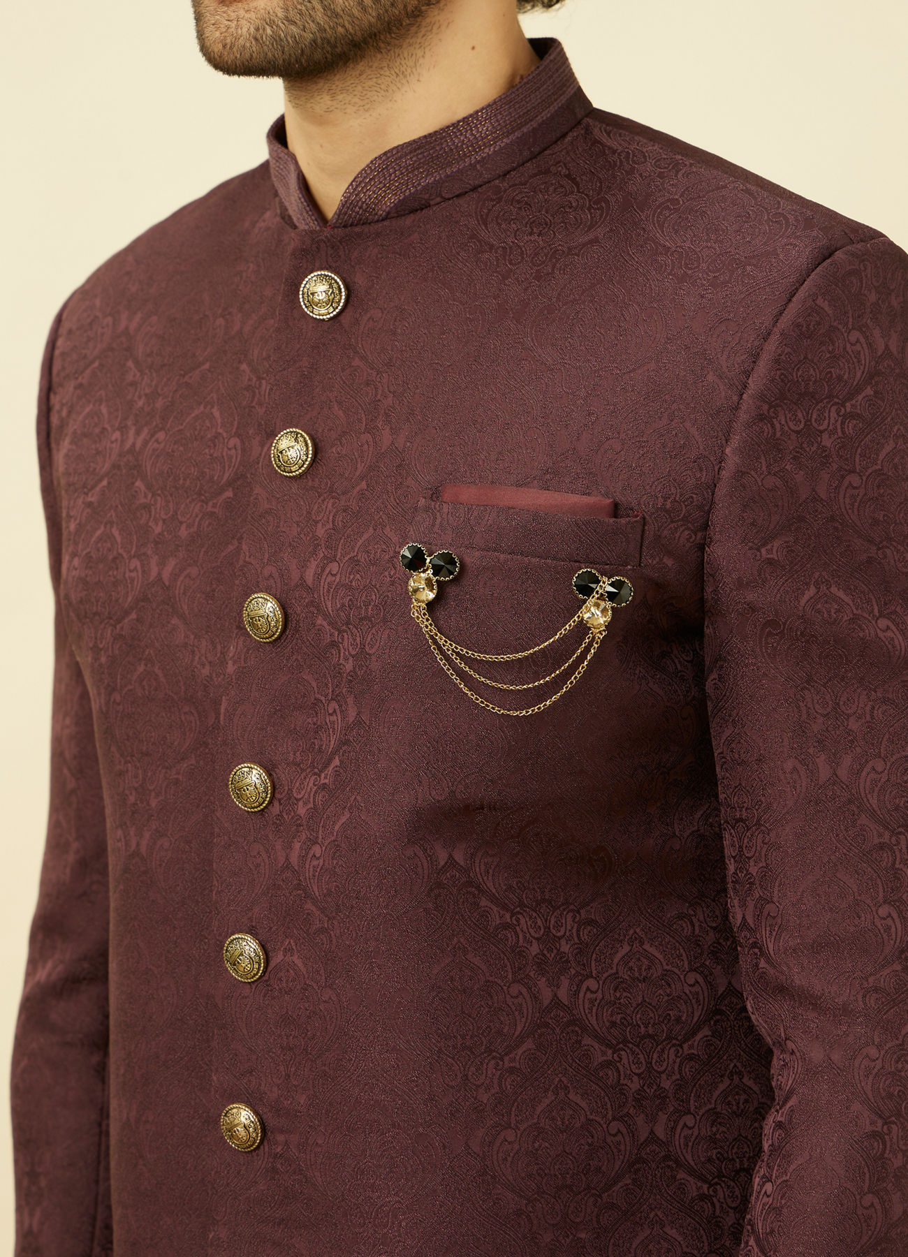 Manyavar Men Windsor Wine Medallion Patterned Indo Western Set