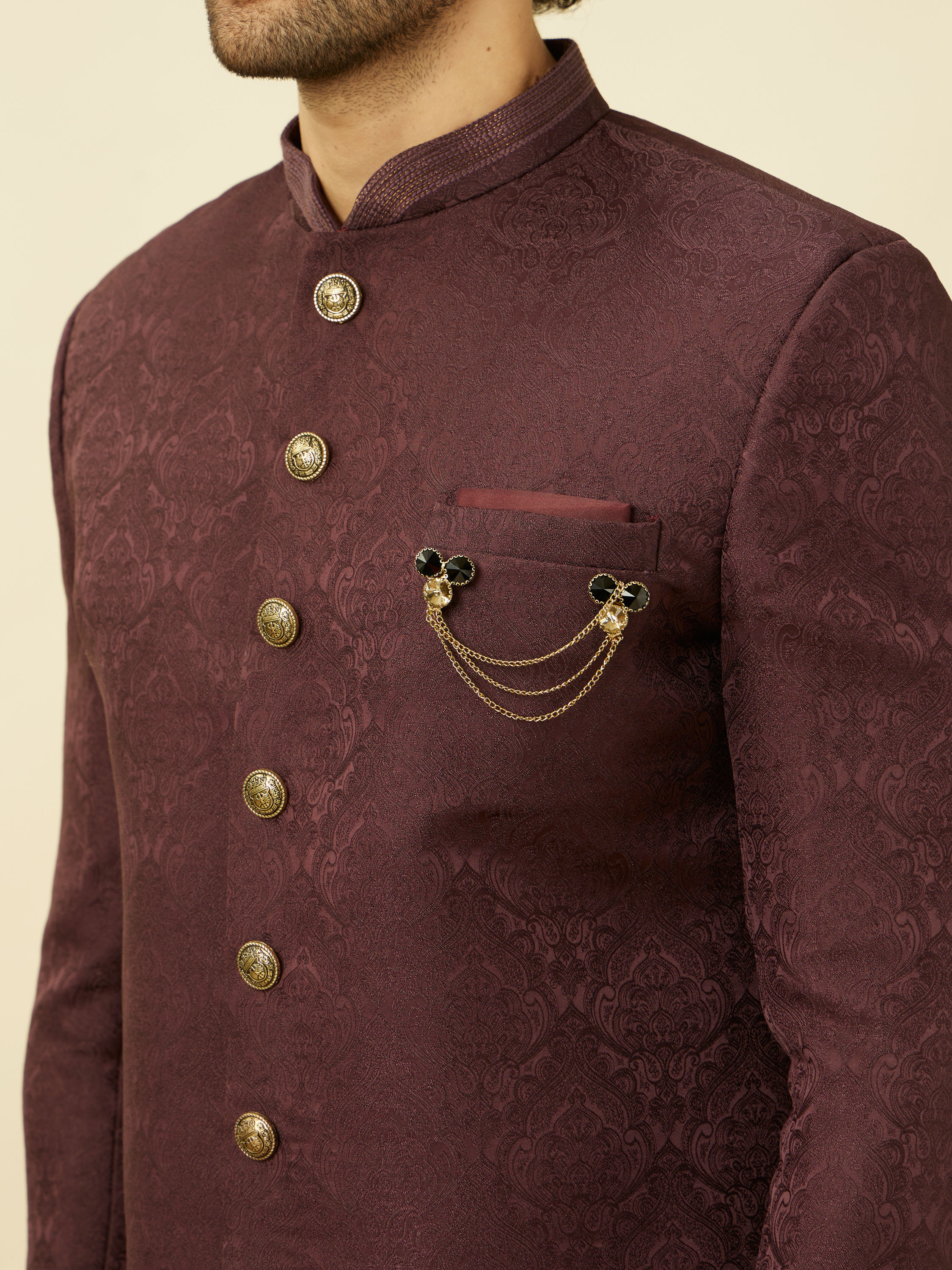 Manyavar Men Windsor Wine Medallion Patterned Indo Western Set