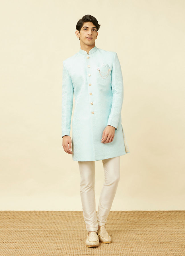 Manyavar Men Blissful Blue Medallion Patterned Indo Western Set