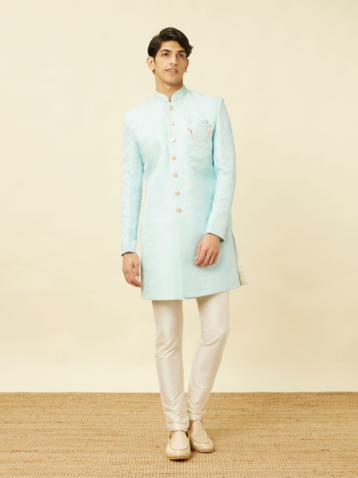 alt message - Manyavar Men Blissful Blue Medallion Patterned Indo Western Set image number 2