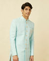 alt message - Manyavar Men Blissful Blue Medallion Patterned Indo Western Set image number 0