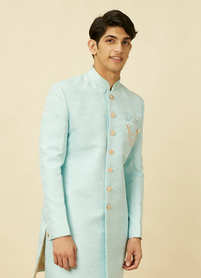 alt message - Manyavar Men Blissful Blue Medallion Patterned Indo Western Set image number 0