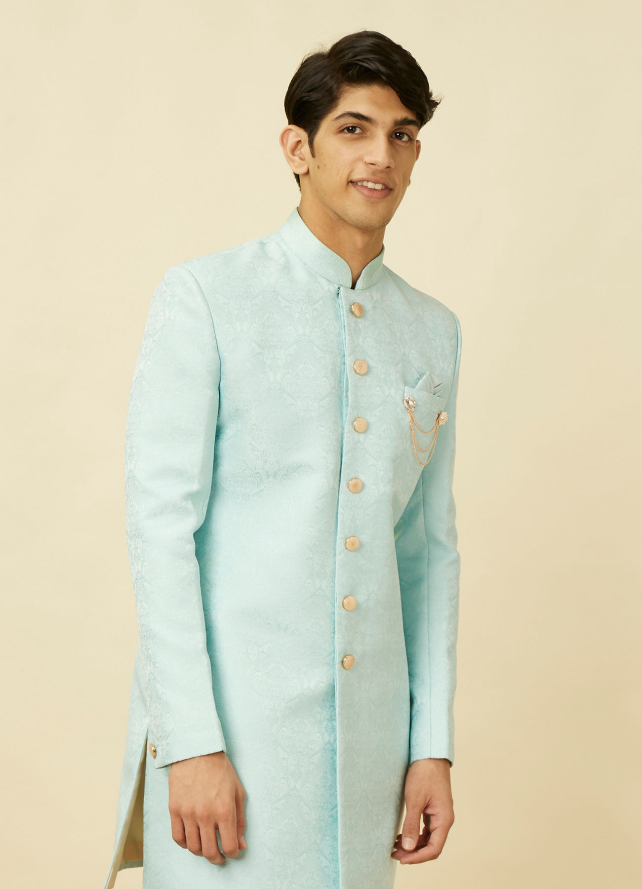 Manyavar Men Blissful Blue Medallion Patterned Indo Western Set