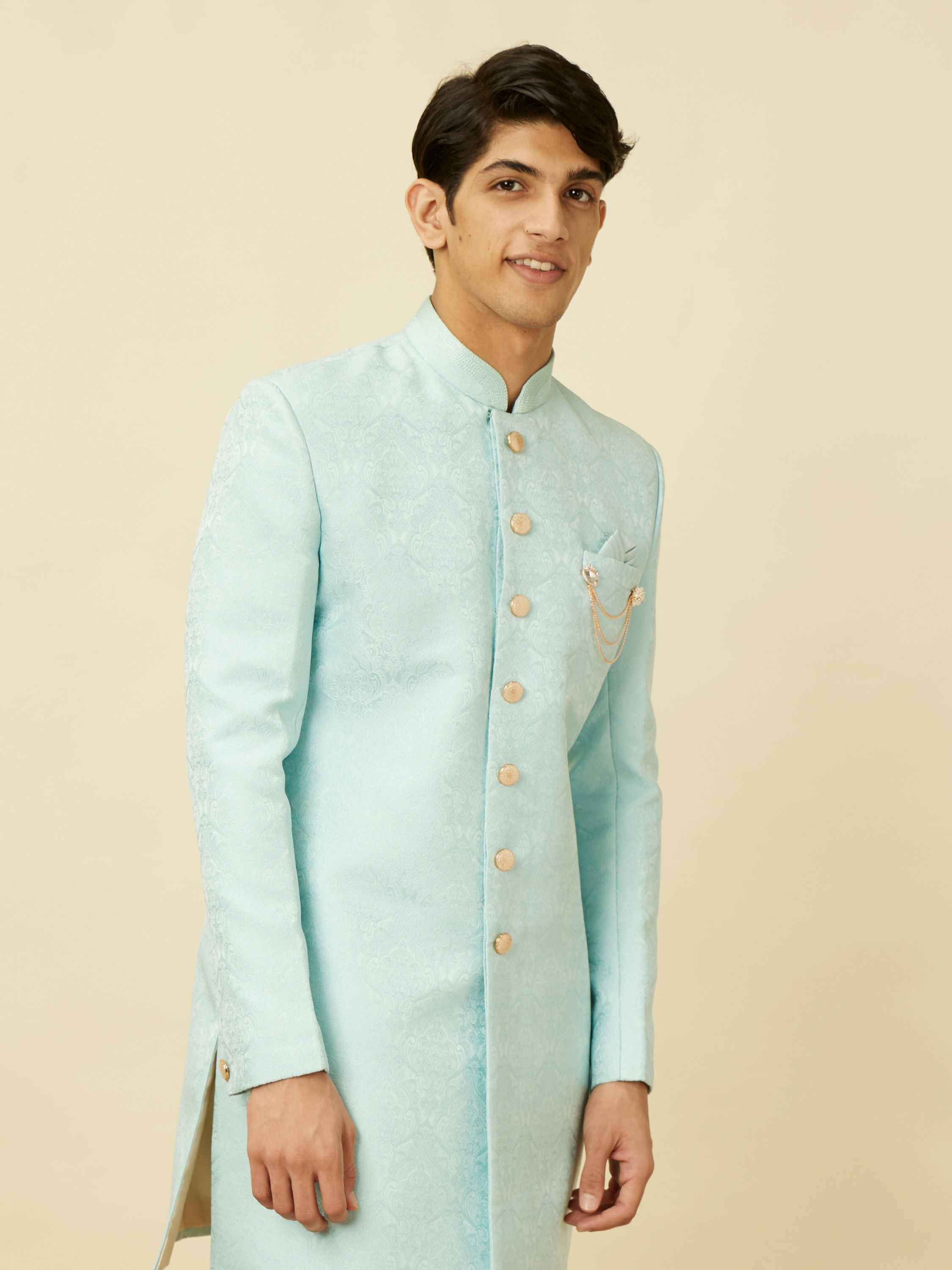 Manyavar Men Blissful Blue Medallion Patterned Indo Western Set