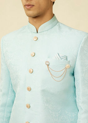 alt message - Manyavar Men Blissful Blue Medallion Patterned Indo Western Set image number 1