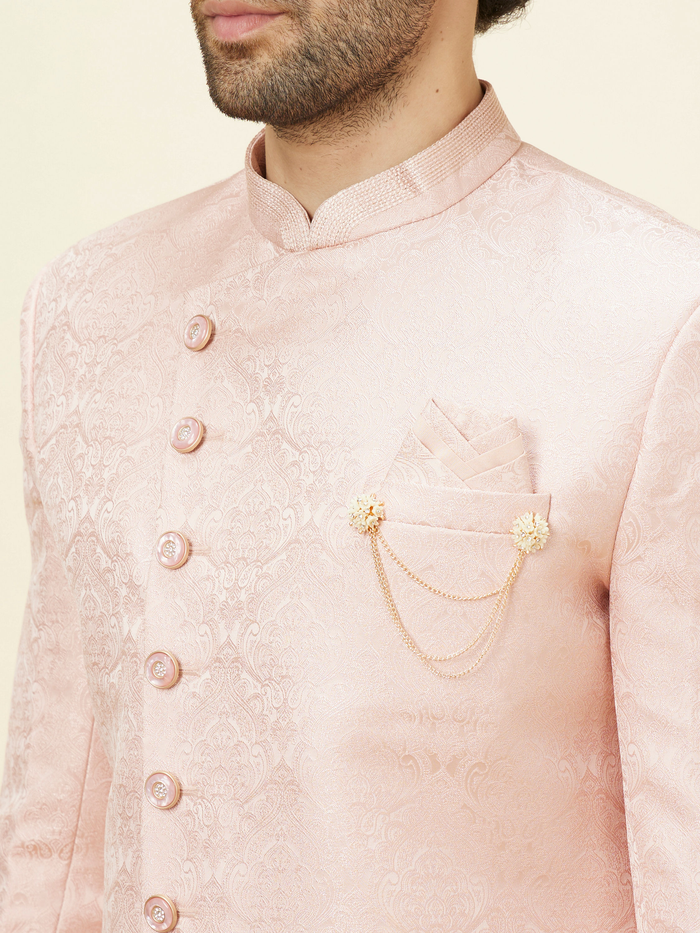 Manyavar Men Rose Pink Damask Pattern Indo Western Set