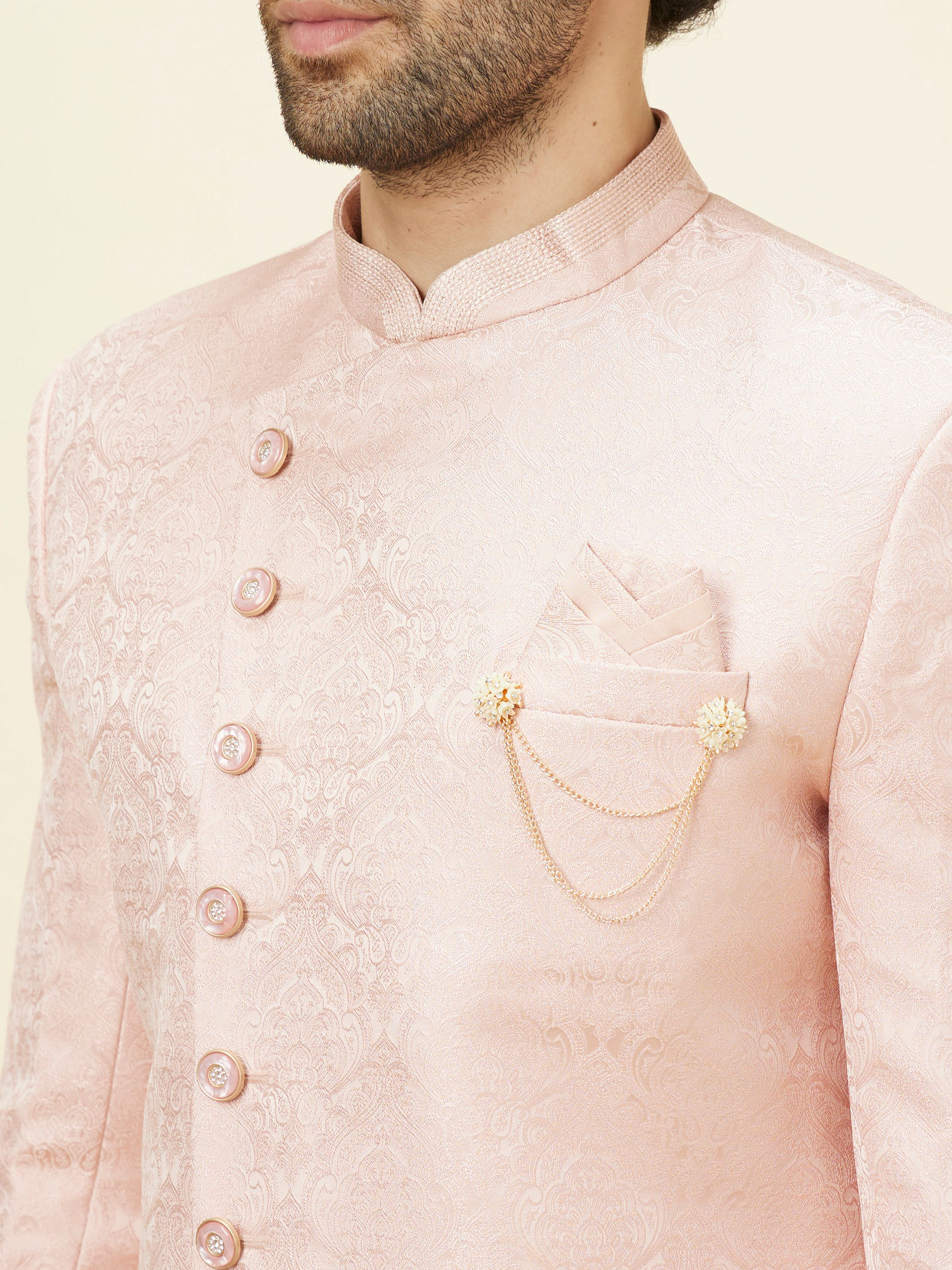 Manyavar Men Rose Pink Damask Pattern Indo Western Set