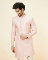 Manyavar Men Rose Pink Damask Pattern Indo Western Set