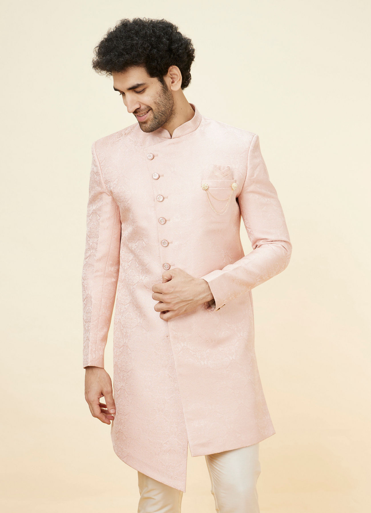 Manyavar Men Rose Pink Damask Pattern Indo Western Set