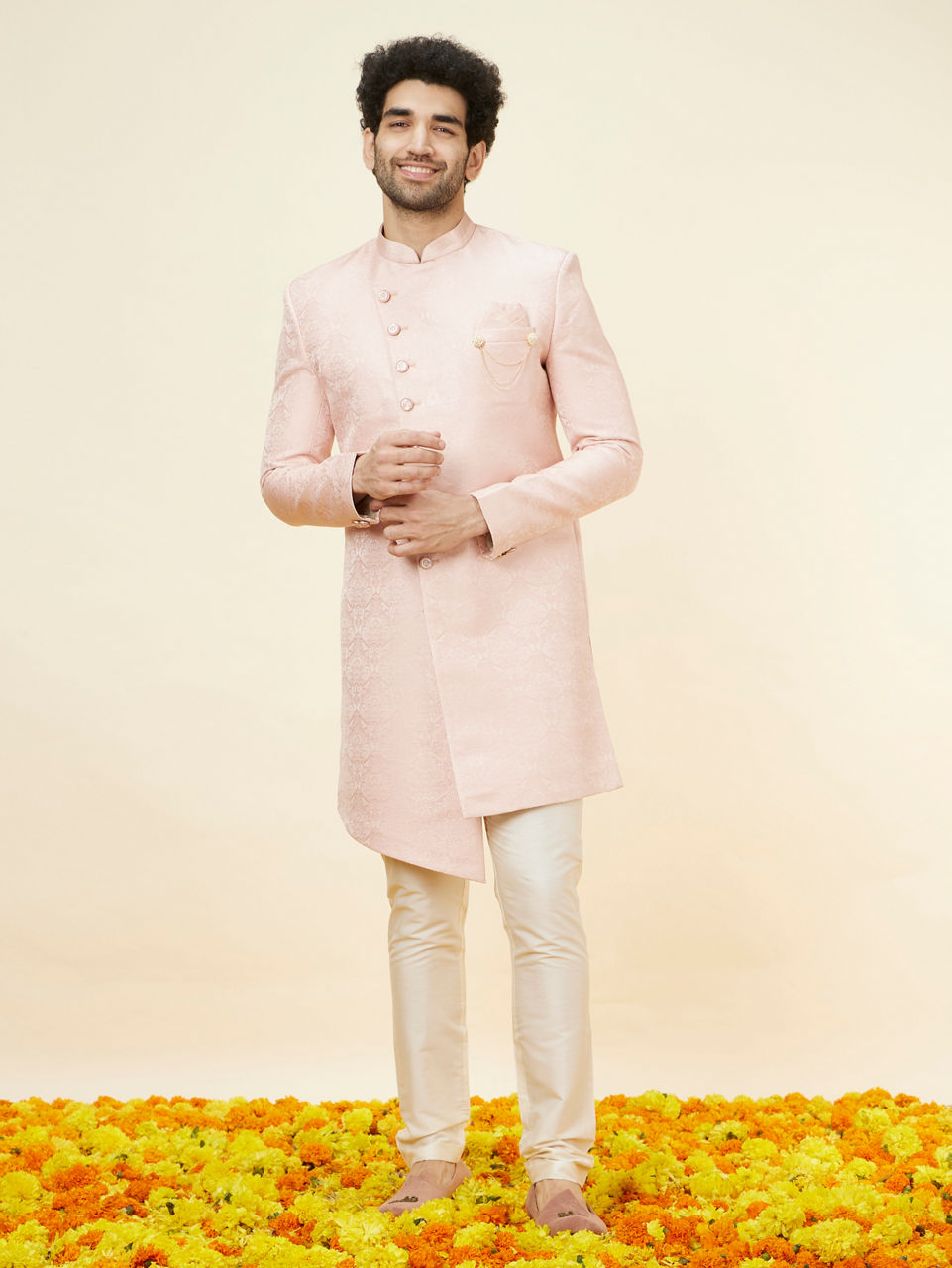 Manyavar Men Rose Pink Damask Pattern Indo Western Set