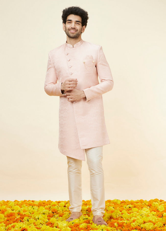 Manyavar Men Rose Pink Damask Pattern Indo Western Set