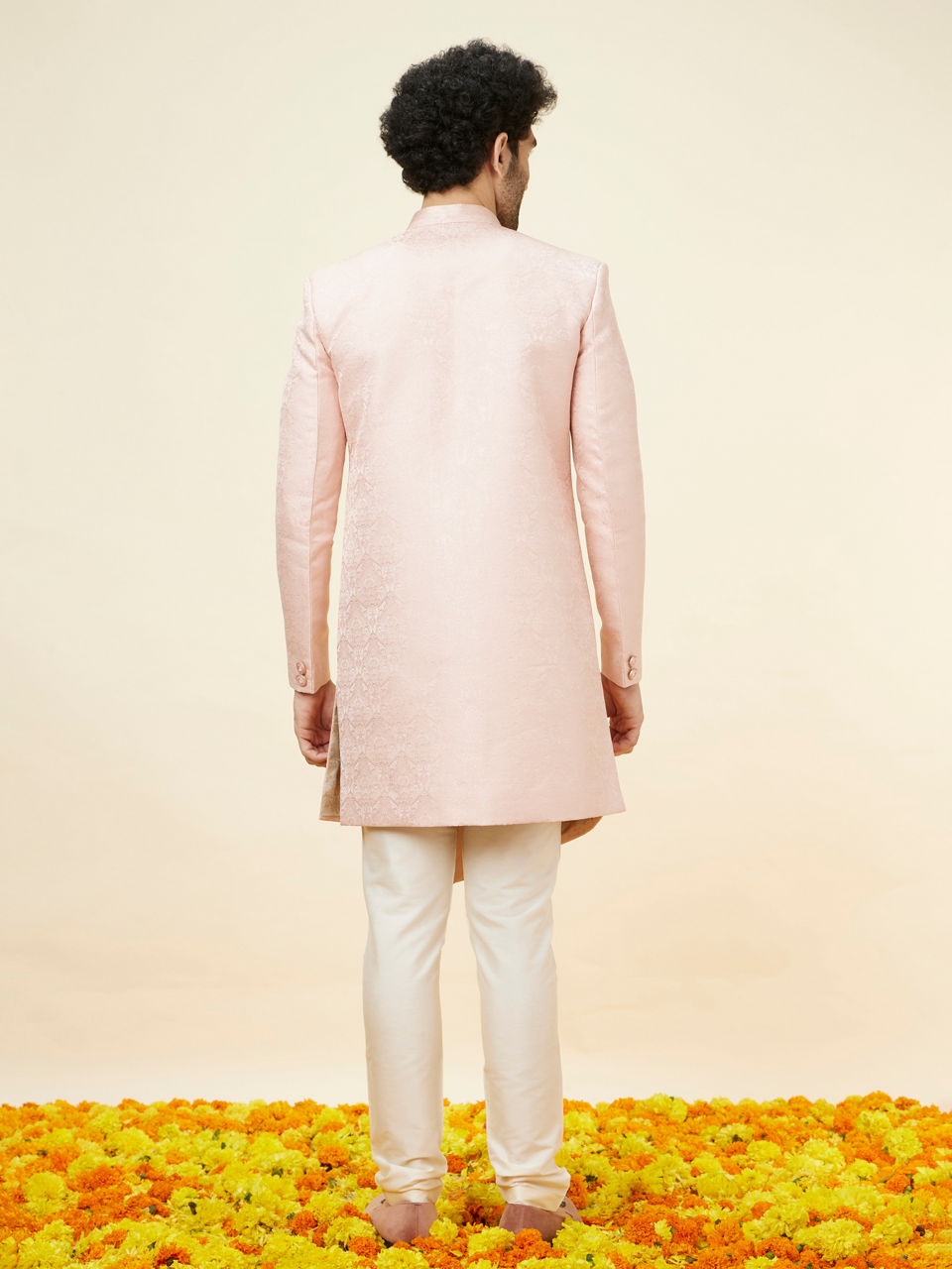 Manyavar Men Rose Pink Damask Pattern Indo Western Set