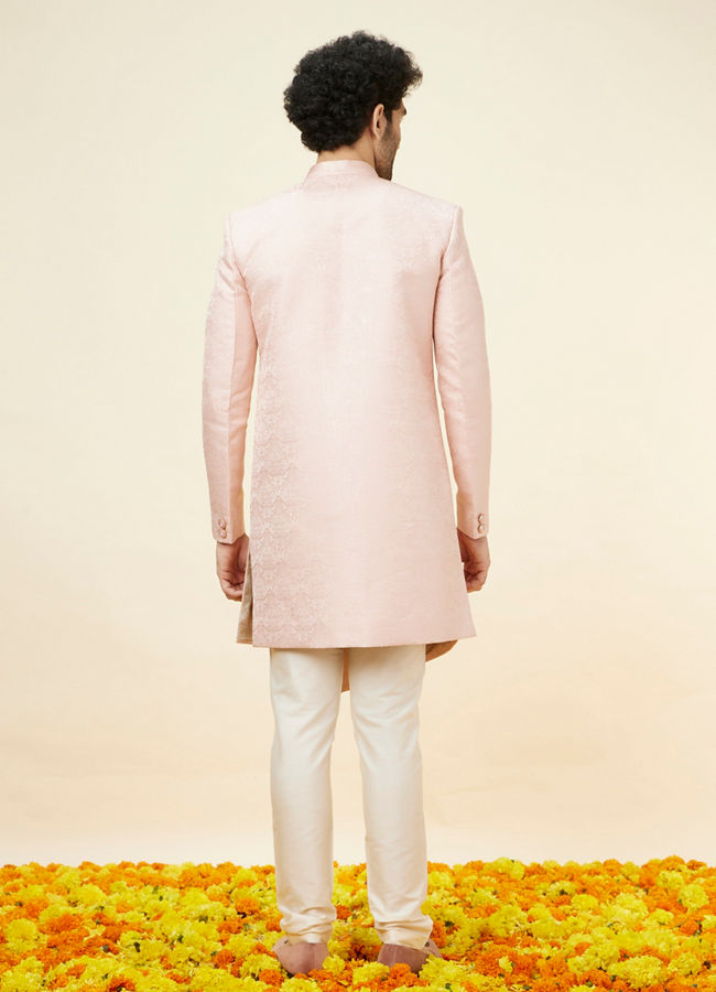 Manyavar Men Rose Pink Damask Pattern Indo Western Set