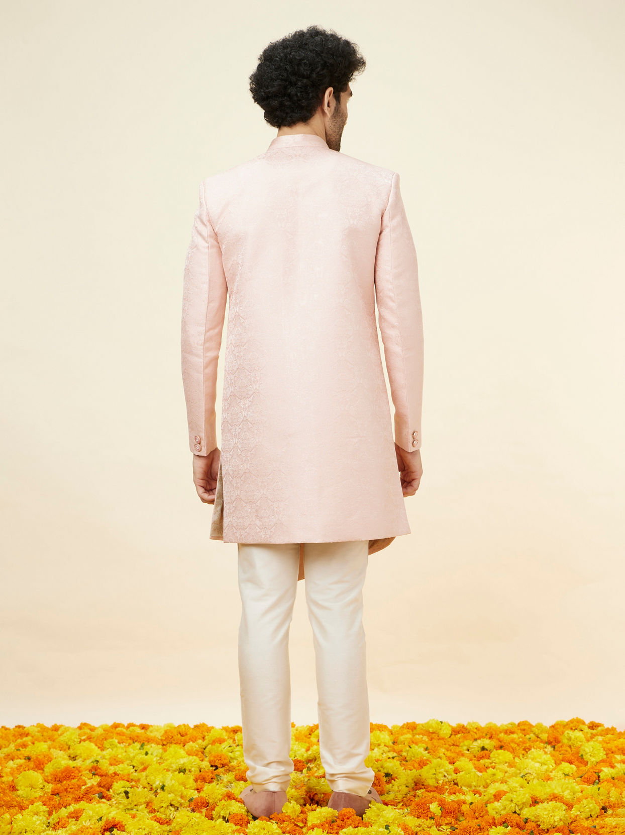 Manyavar Men Rose Pink Damask Pattern Indo Western Set