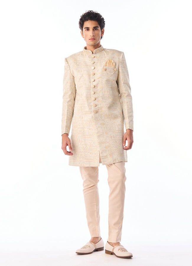 Manyavar Men Cream Self Design Indo Western