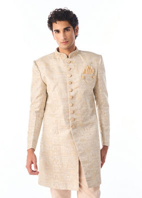 Manyavar Men Cream Self Design Indo Western