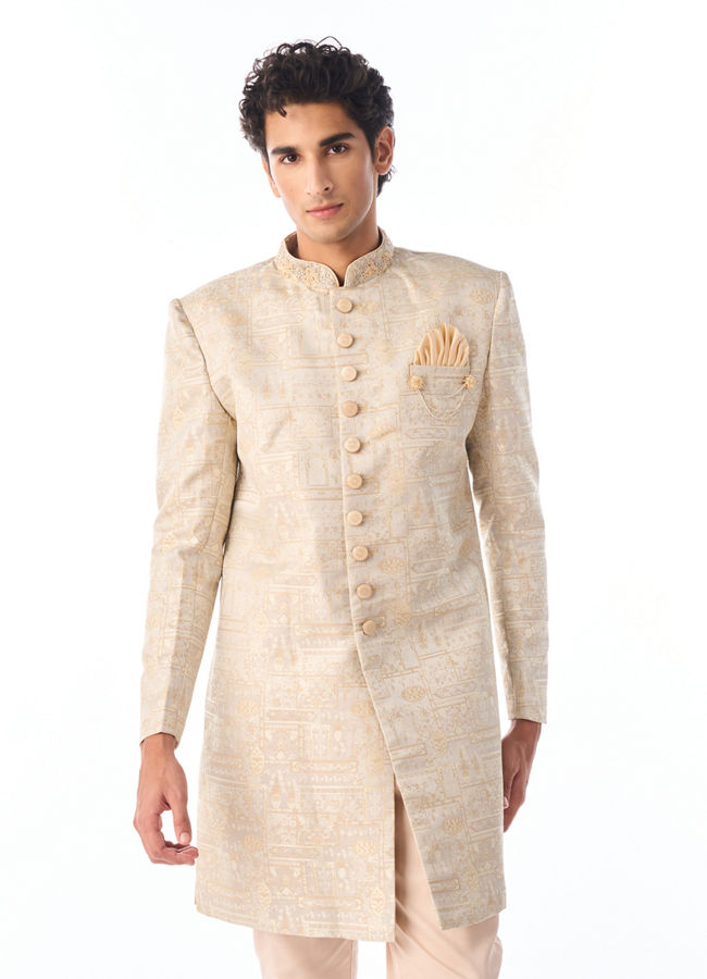 Manyavar Men Cream Self Design Indo Western