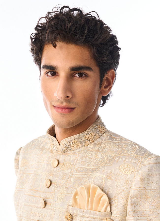 Manyavar Men Cream Self Design Indo Western