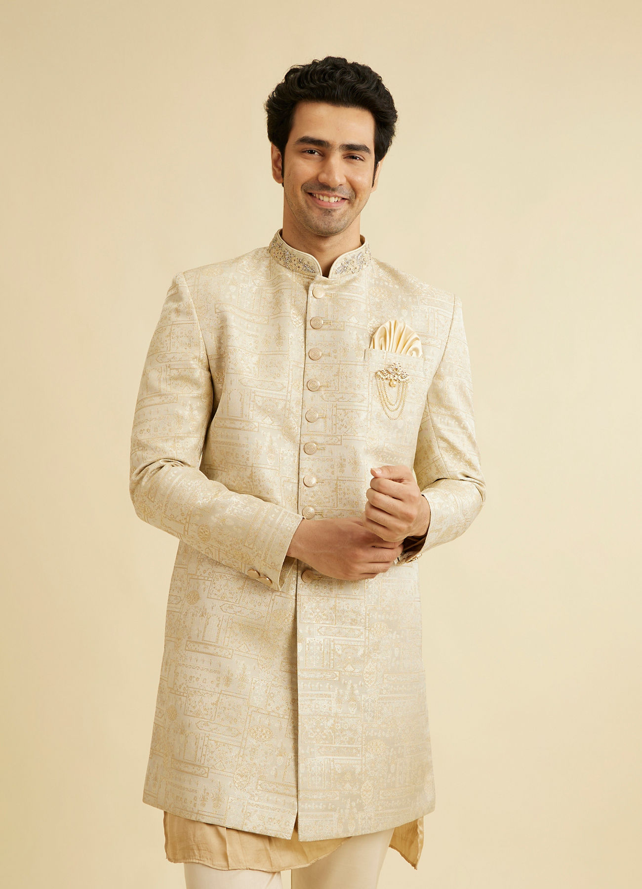 Manyavar Men Cream Self Design Indo Western