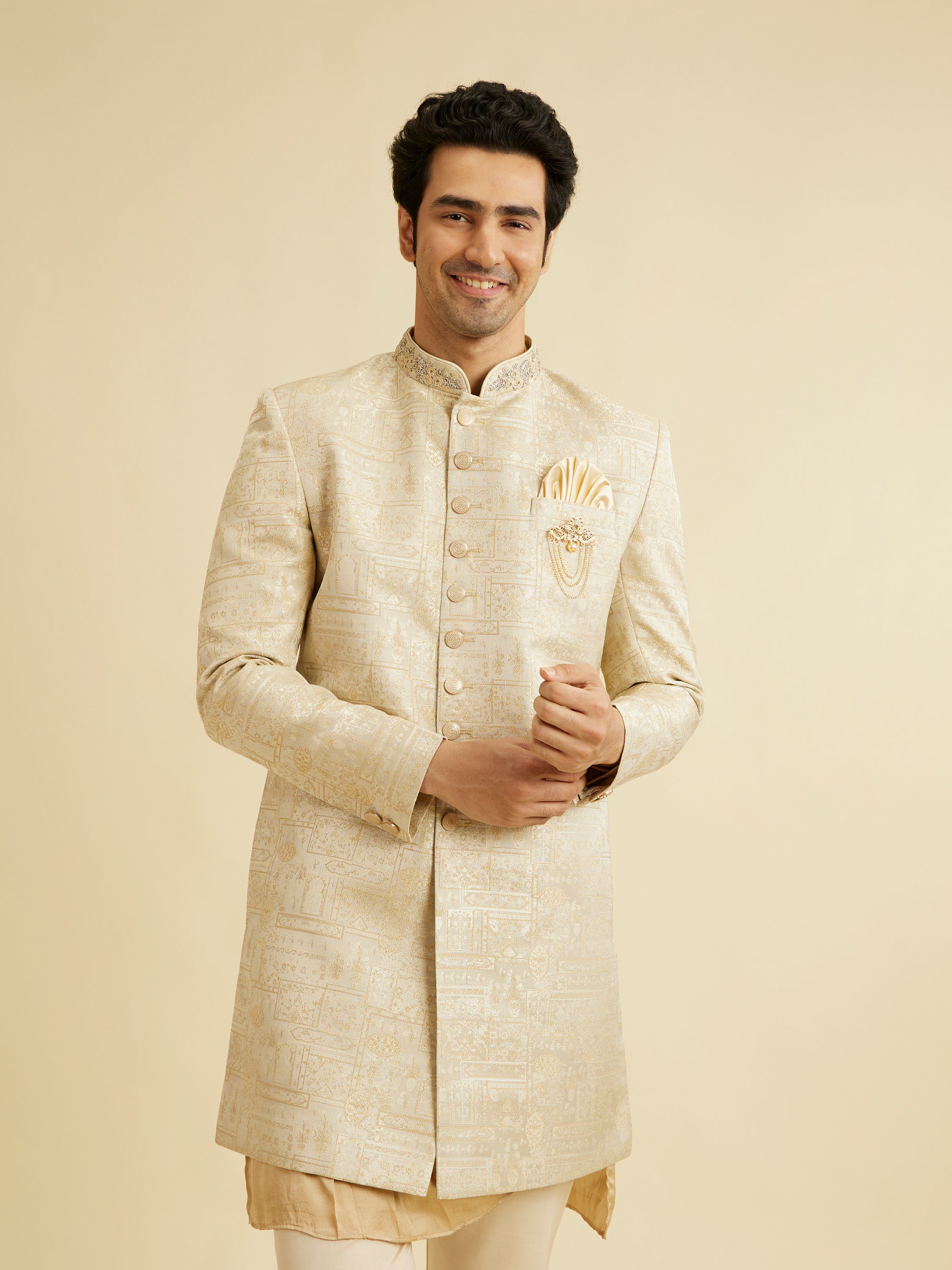 Manyavar Men Cream Self Design Indo Western