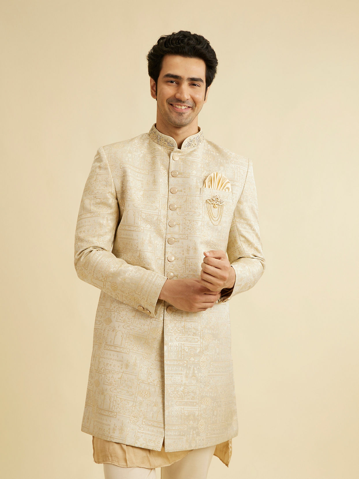 alt message - Manyavar Men Cream Self Design Indo Western image number 0