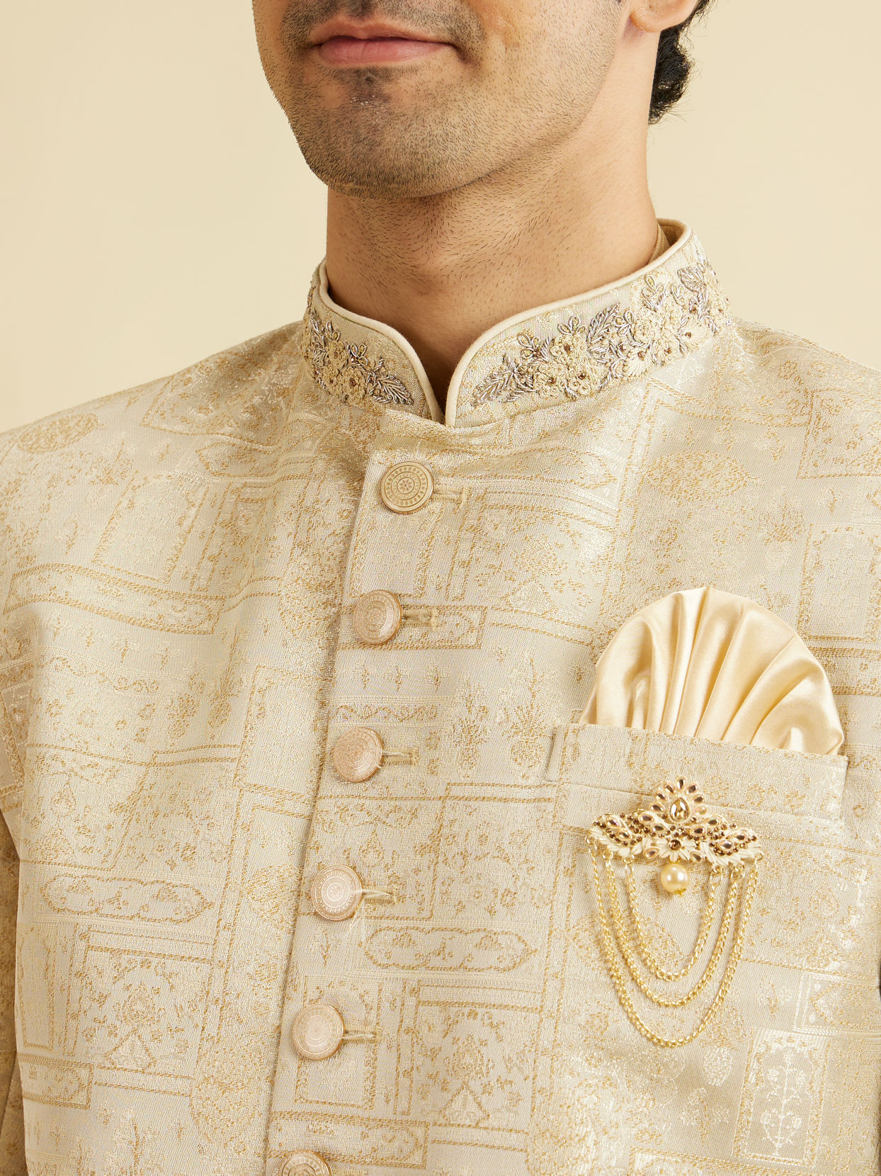 alt message - Manyavar Men Cream Self Design Indo Western image number 1