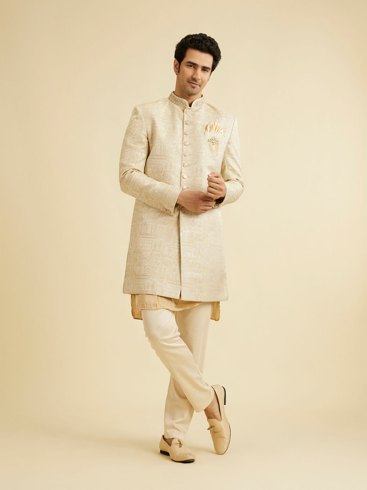Manyavar Men Cream Self Design Indo Western