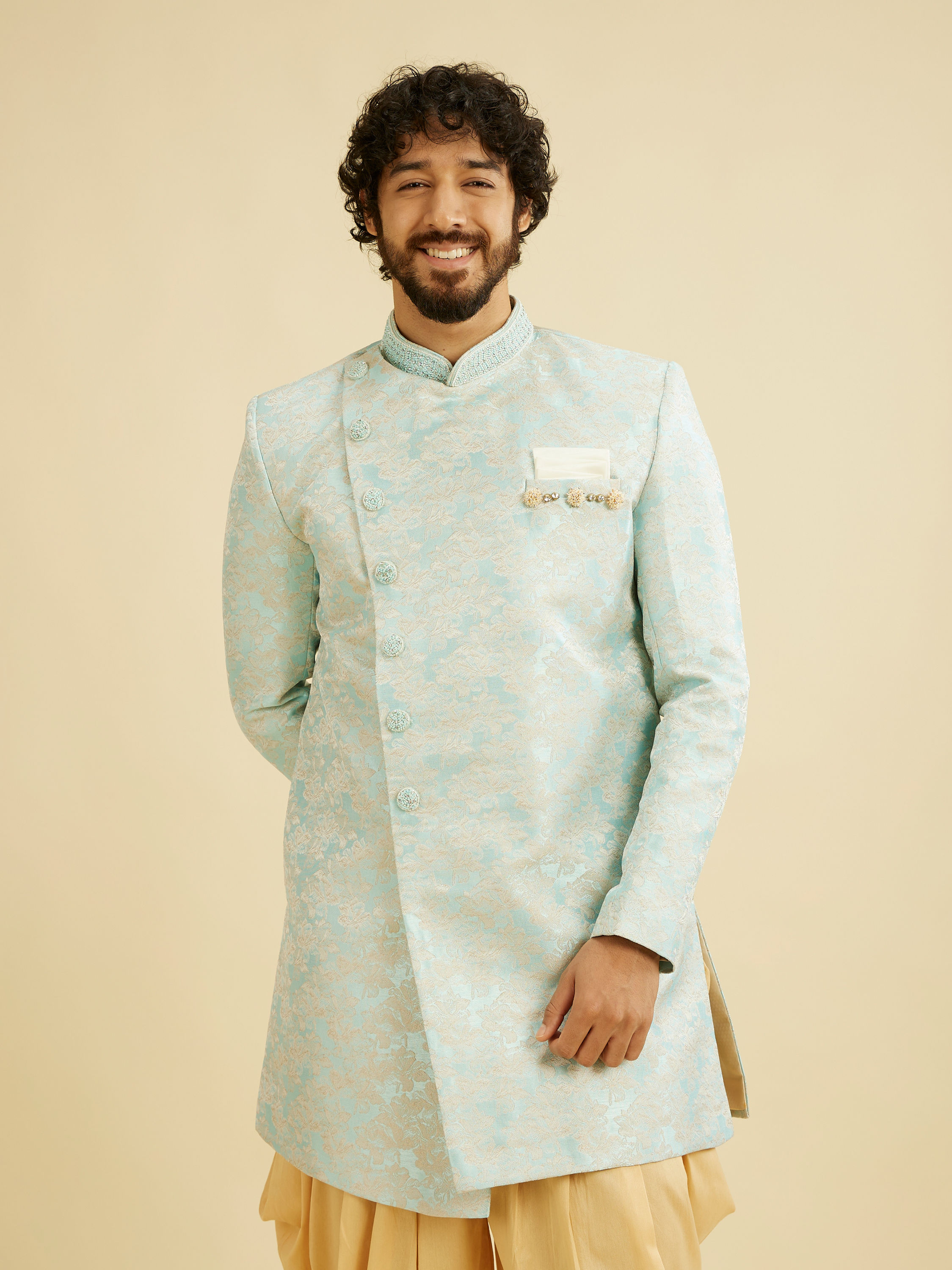 Manyavar Men Crystal Blue Indo Western Set