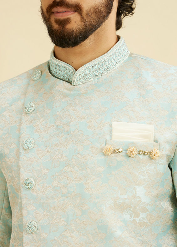 Manyavar Men Crystal Blue Indo Western Set