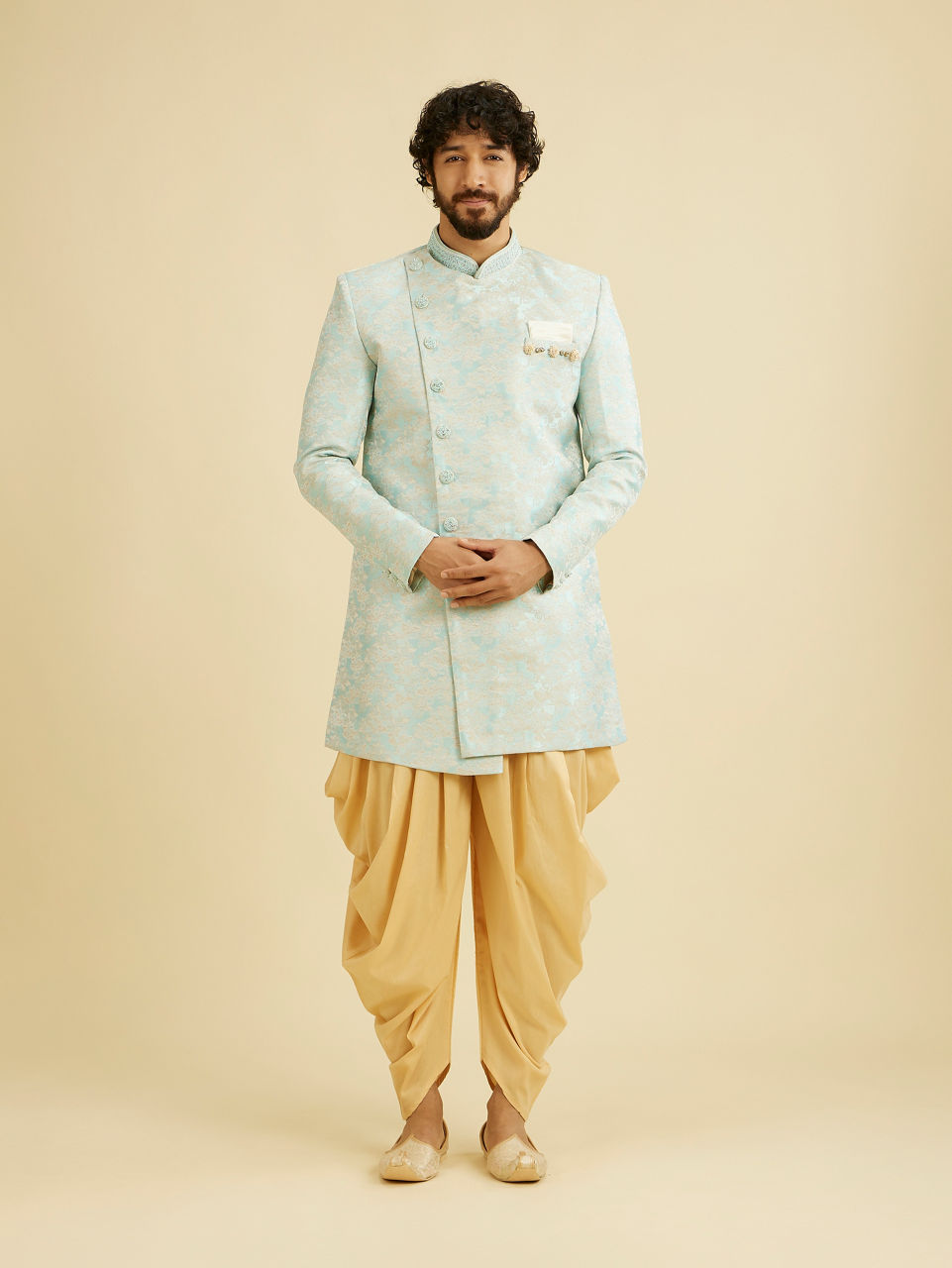 Manyavar Men Crystal Blue Indo Western Set