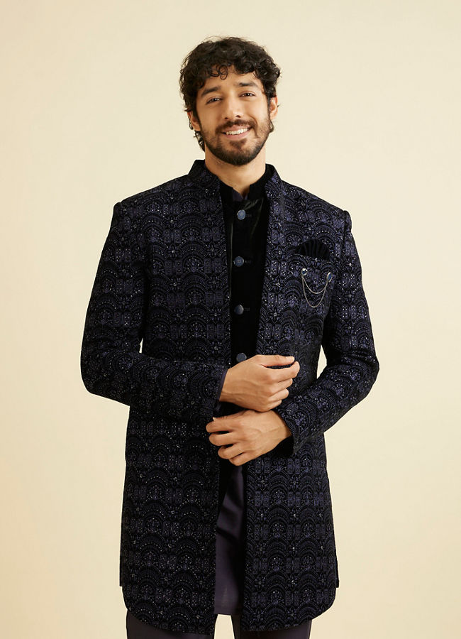 alt message - Manyavar Men Blue Sequined Indo Western Set image number 0