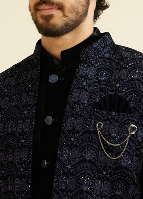 alt message - Manyavar Men Blue Sequined Indo Western Set image number 1