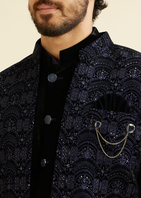 Manyavar Men Blue Sequined Indo Western Set