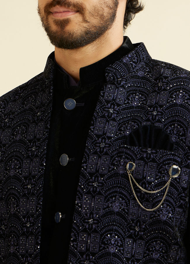 alt message - Manyavar Men Blue Sequined Indo Western Set image number 1