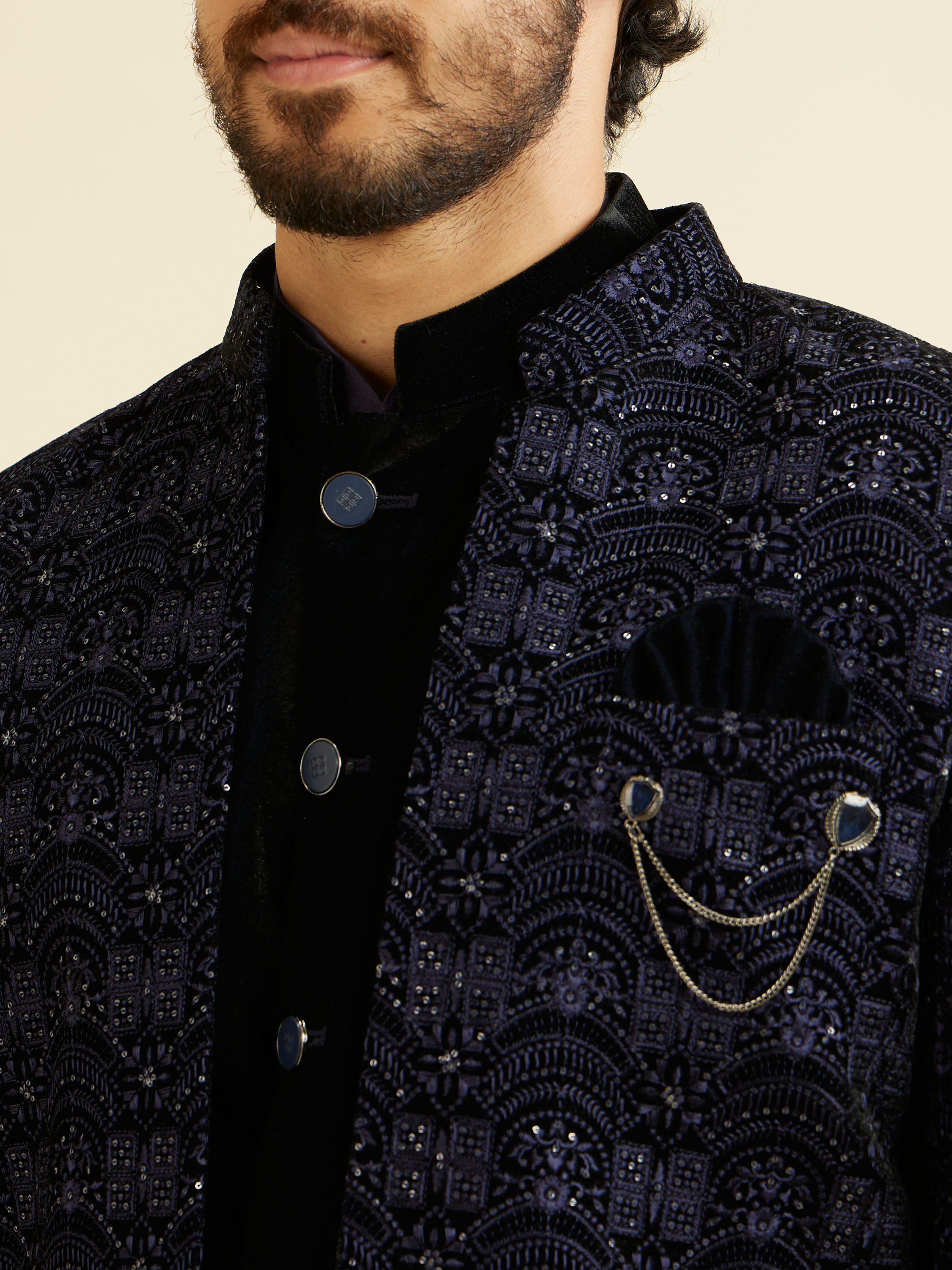 Manyavar Men Blue Sequined Indo Western Set