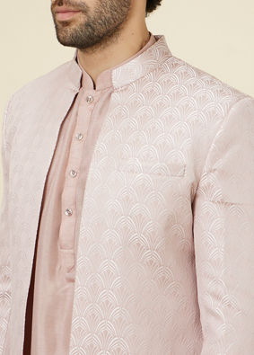 Manyavar Men Rose Pink Scallop Patterned Indo Western Set