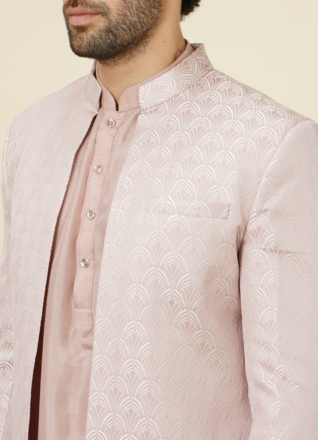 Manyavar Men Rose Pink Scallop Patterned Indo Western Set