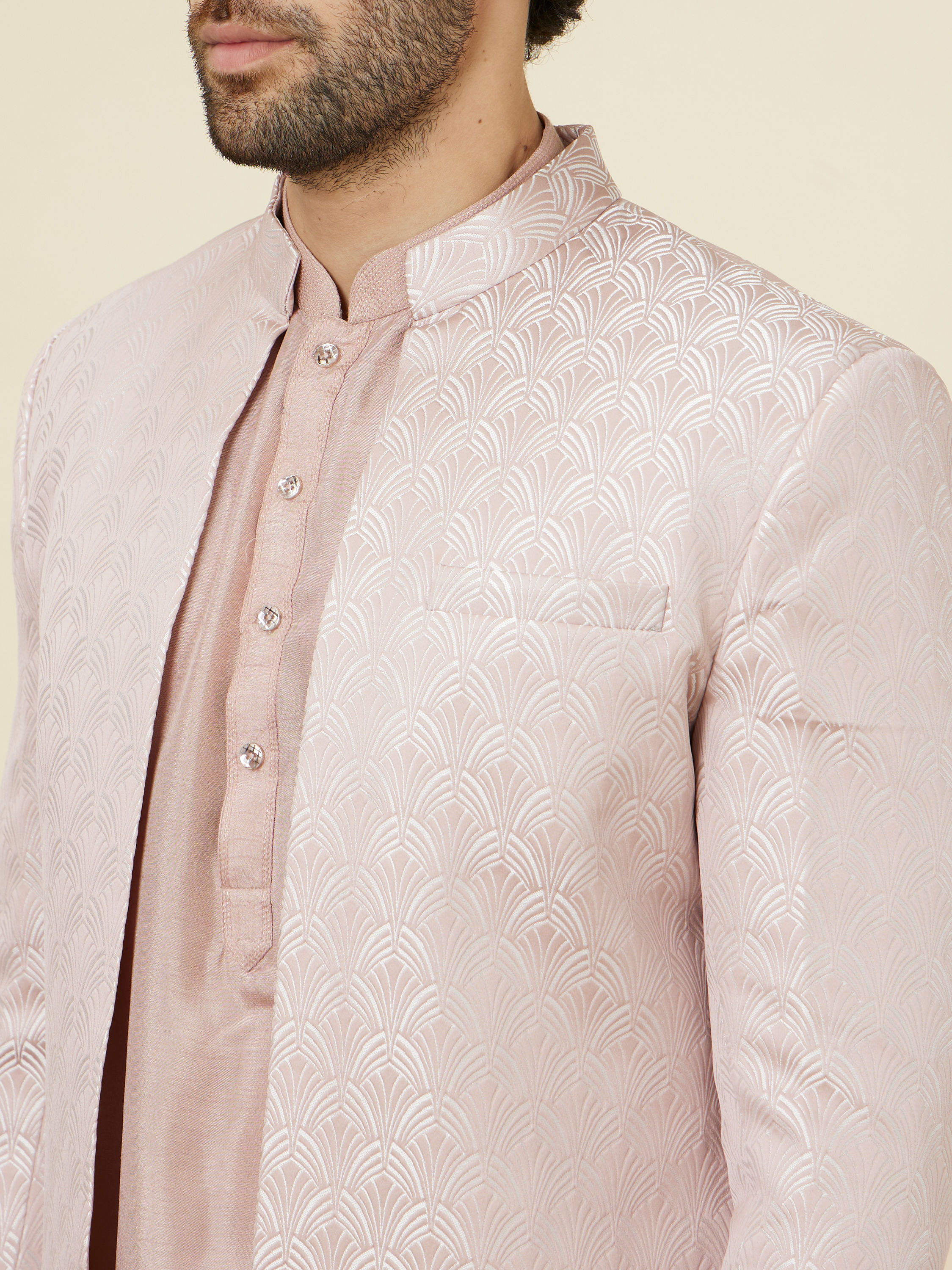 Manyavar Men Rose Pink Scallop Patterned Indo Western Set