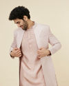 alt message - Manyavar Men Rose Pink Scallop Patterned Indo-Western Set image number 0