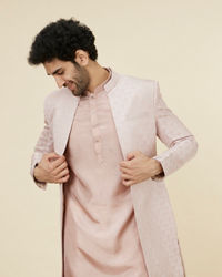 Manyavar Men Rose Pink Scallop Patterned Indo Western Set