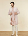 alt message - Manyavar Men Rose Pink Scallop Patterned Indo-Western Set image number 3