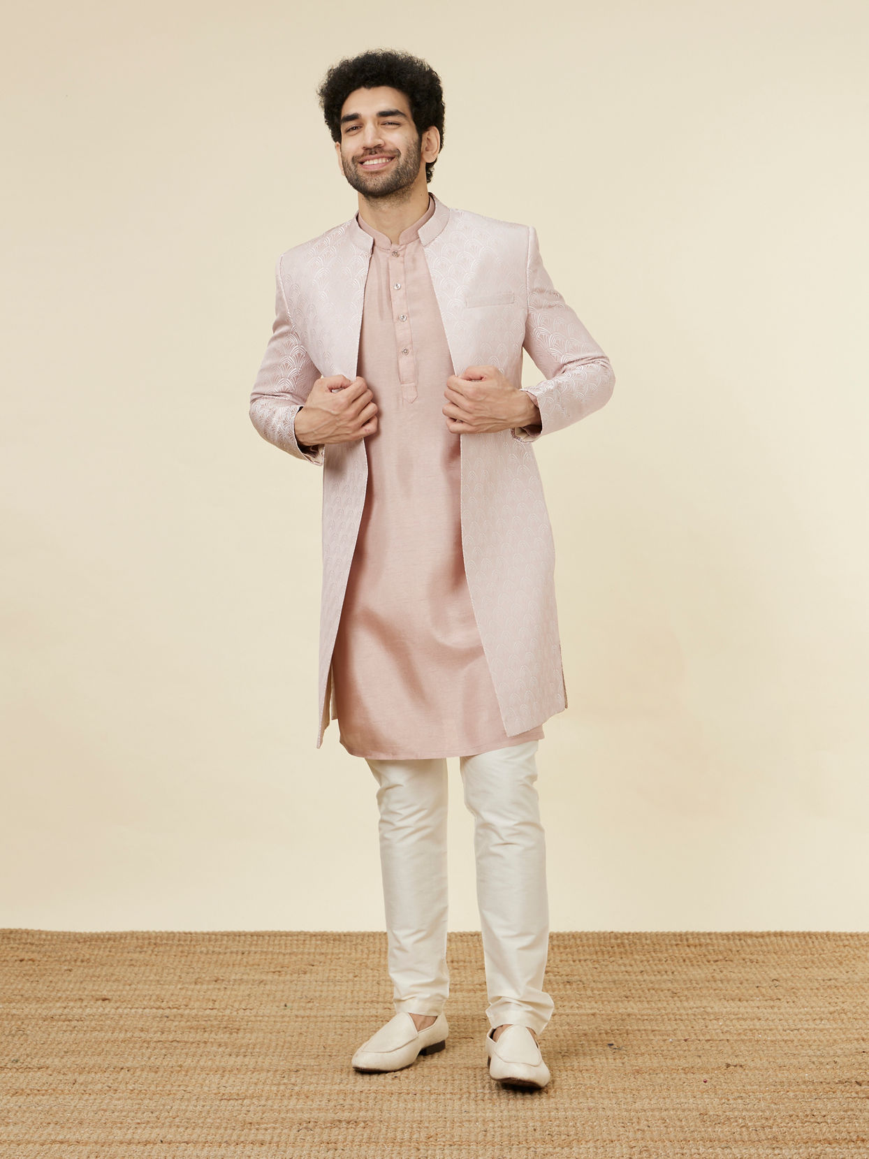 Manyavar Men Rose Pink Scallop Patterned Indo Western Set