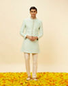 Manyavar Men Aqua Green Diamond Patterned Indo Western Set