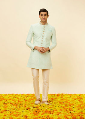 alt message - Manyavar Men Aqua Green Diamond Patterned Indo Western Set image number 2