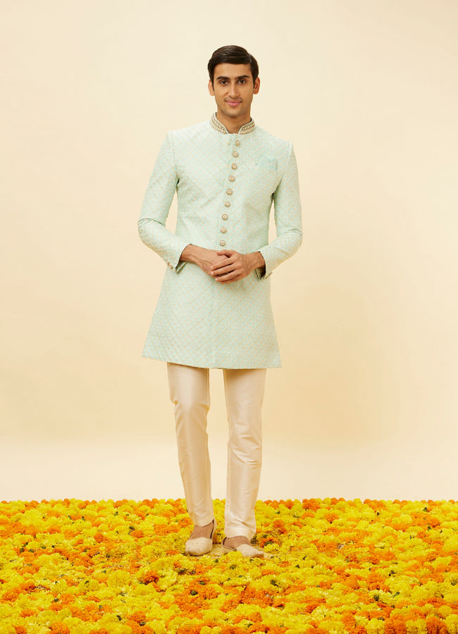 alt message - Manyavar Men Aqua Green Diamond Patterned Indo Western Set image number 2